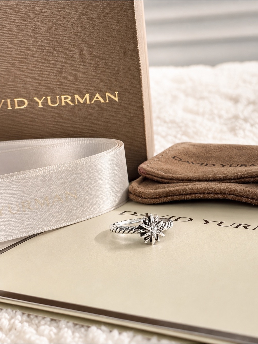 Authentic David Yurman Sterling Silver Diamond Petite Starburst Ring Size 7